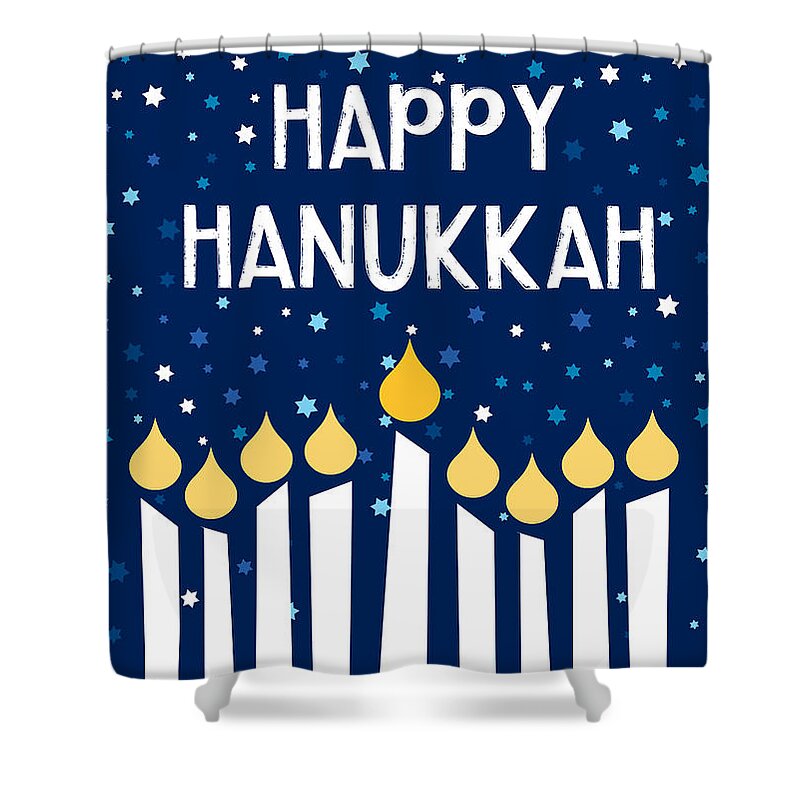 Hanukkah Shower Curtain featuring the mixed media Starry Night Hanukkah Menorah- Art by Linda Woods by Linda Woods