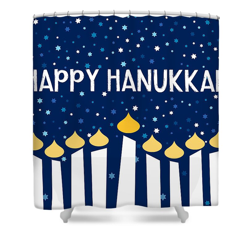 Hanukkah Shower Curtain featuring the mixed media Starry Night Menorah- Art by Linda Woods by Linda Woods