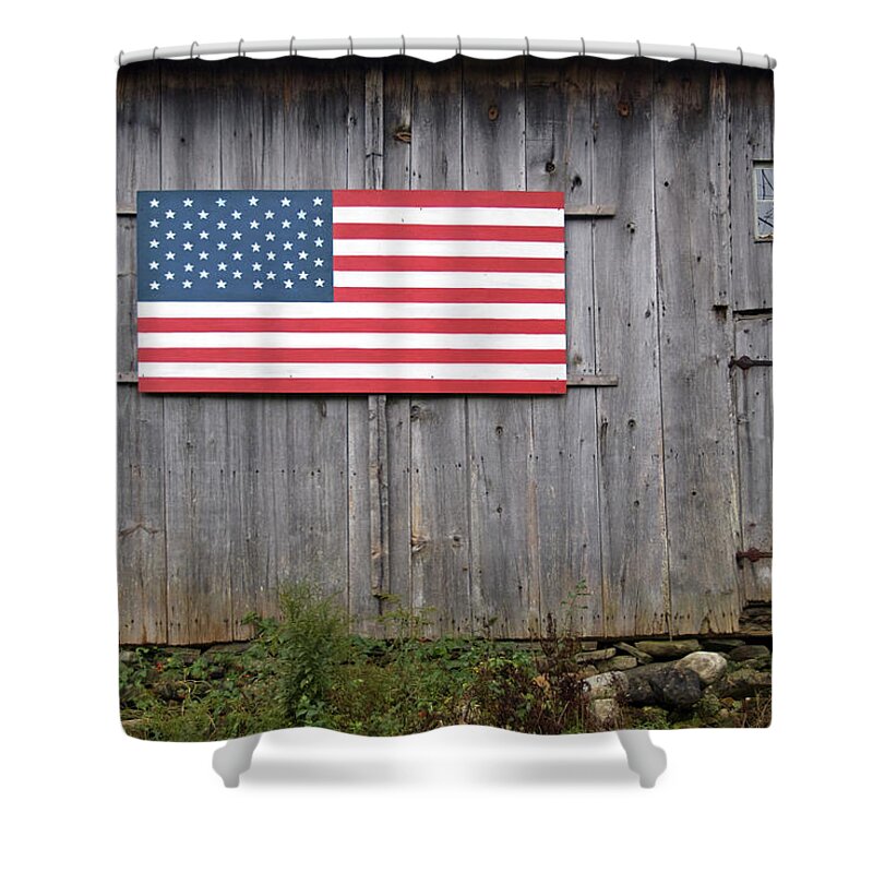 Architectural Feature Shower Curtain featuring the photograph Stars And Stripes On An Old Barn by Frankvandenbergh