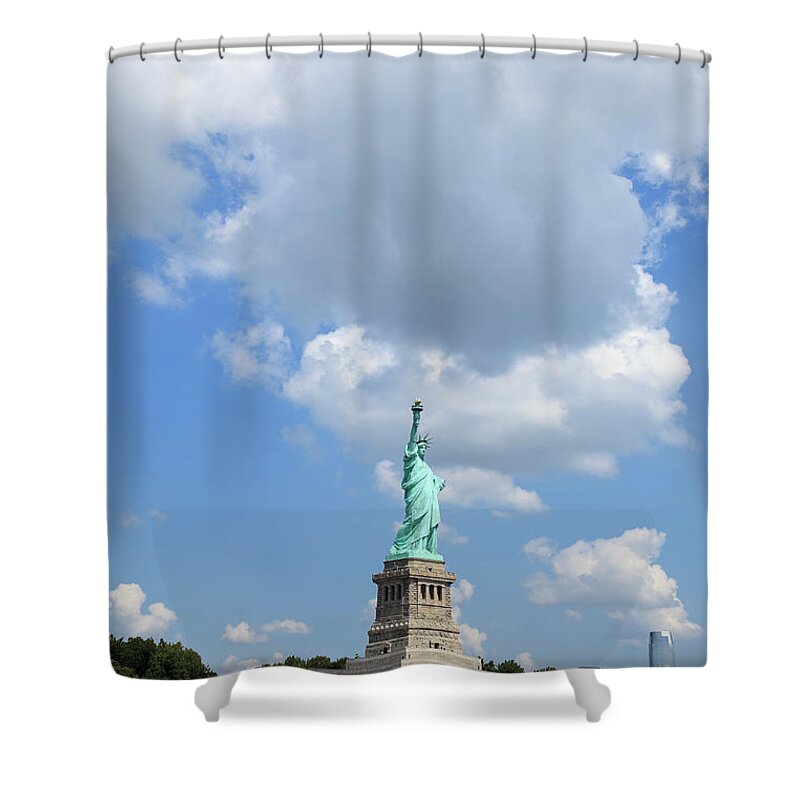 Democracy Shower Curtain featuring the photograph Statue Of Liberty In Upper New York Bay by Alvis Upitis
