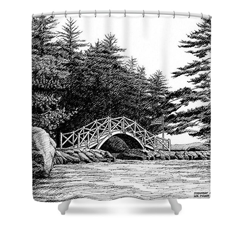 Bridge Shower Curtain featuring the drawing Steamboat Island Bridge, Lake Winnipesaukee NH by Janet King