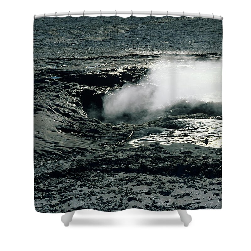 Geyser Shower Curtain featuring the photograph Steaming Geyser In Yellowstone National by Karl Weatherly
