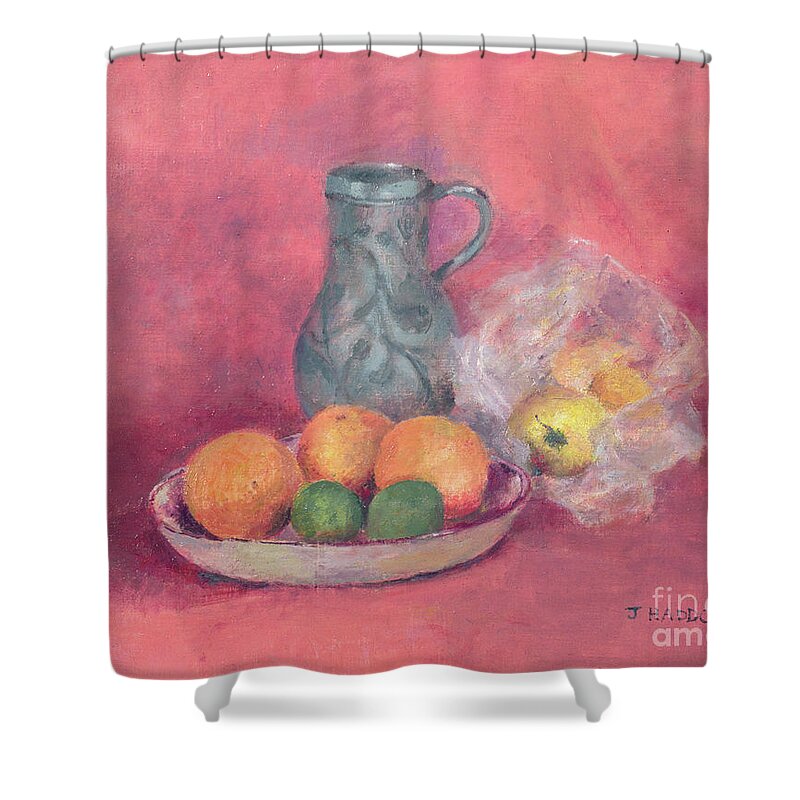Lime Shower Curtain featuring the painting Still Life Of Fruit And Jug by Joyce Haddon