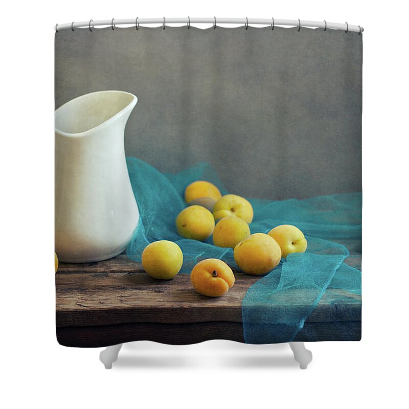 Apricot Shower Curtain featuring the photograph Still Life With Apricots And White Jug by Copyright Anna Nemoy(xaomena)