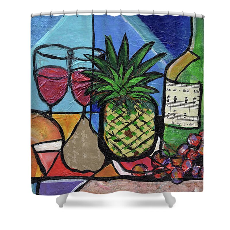 Everett Spruill Shower Curtain featuring the mixed media Still LIfe with Fruit and Wine #304 by Everett Spruill