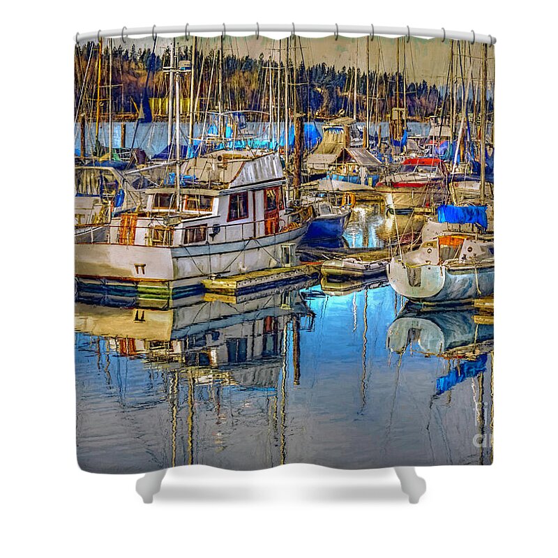Sailboats Shower Curtain featuring the digital art Still Water Masts by Jean OKeeffe Macro Abundance Art