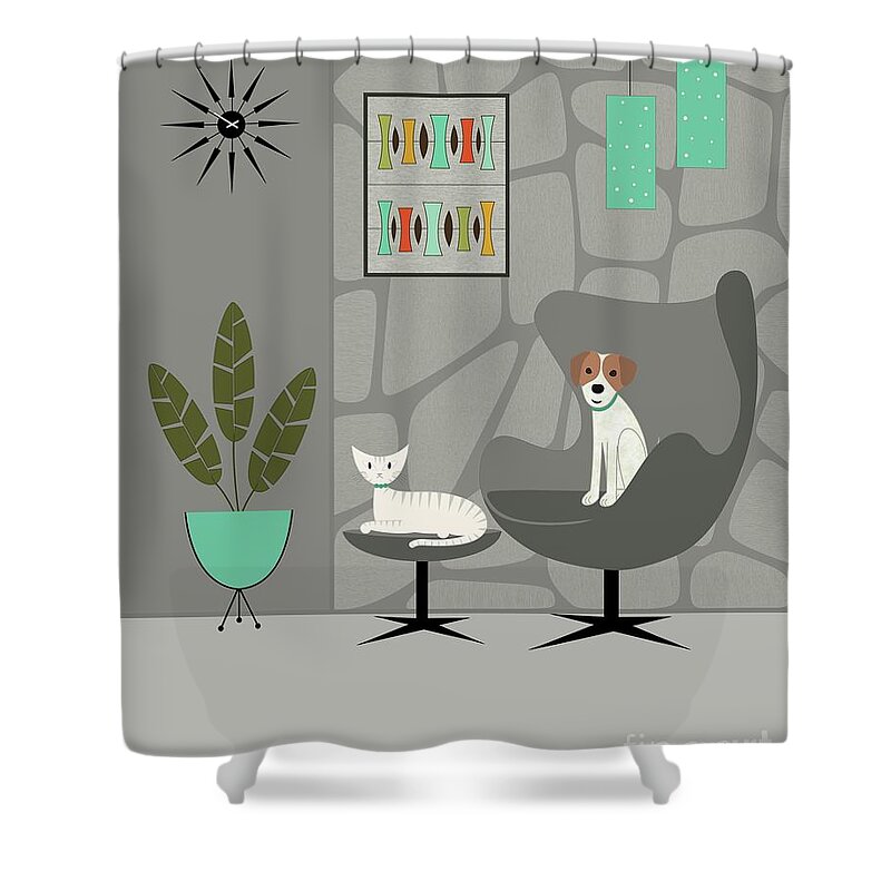 Mid Century Modern Shower Curtain featuring the digital art Stone Wall with Dog and Cat by Donna Mibus