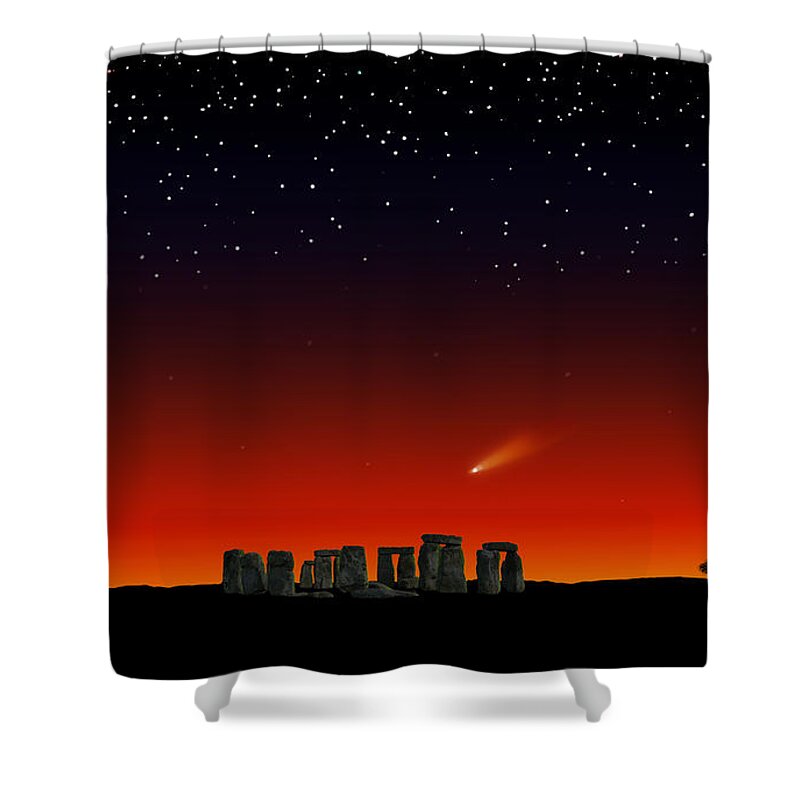 Comet Ison Shower Curtain featuring the painting Stonehenge at Night by David Arrigoni