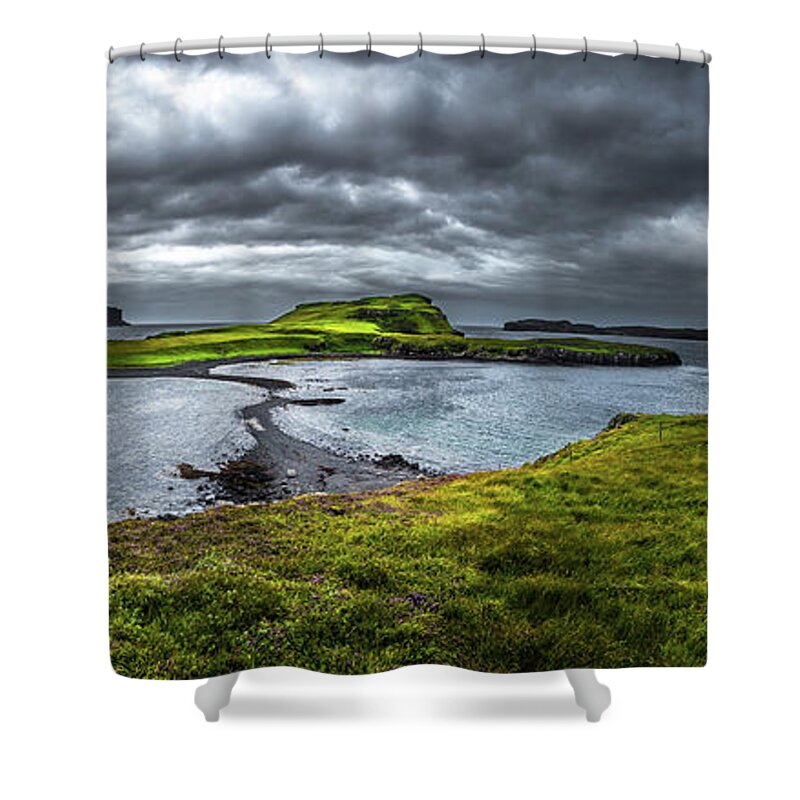 Adventure Shower Curtain featuring the photograph Stony Sandbank To Sunlit Green Island At Low Tide On The Isle Of Skye In Scotland by Andreas Berthold