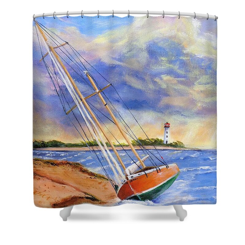 Storm Shower Curtain featuring the painting Storm Boat Beaching by Deborah Naves