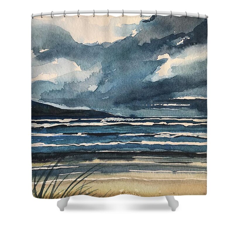 Carmel Shower Curtain featuring the painting Stormy Beach Carmel. by Luisa Millicent