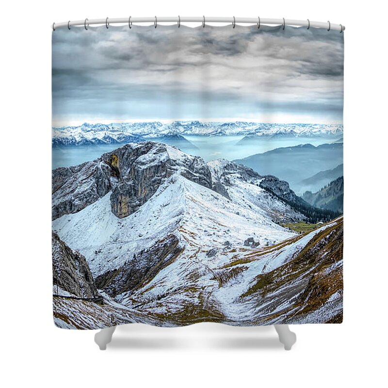 Mountains Shower Curtain featuring the photograph Stormy Mountains Panorama, Mount Pilatus, Switzerland by Rick Deacon