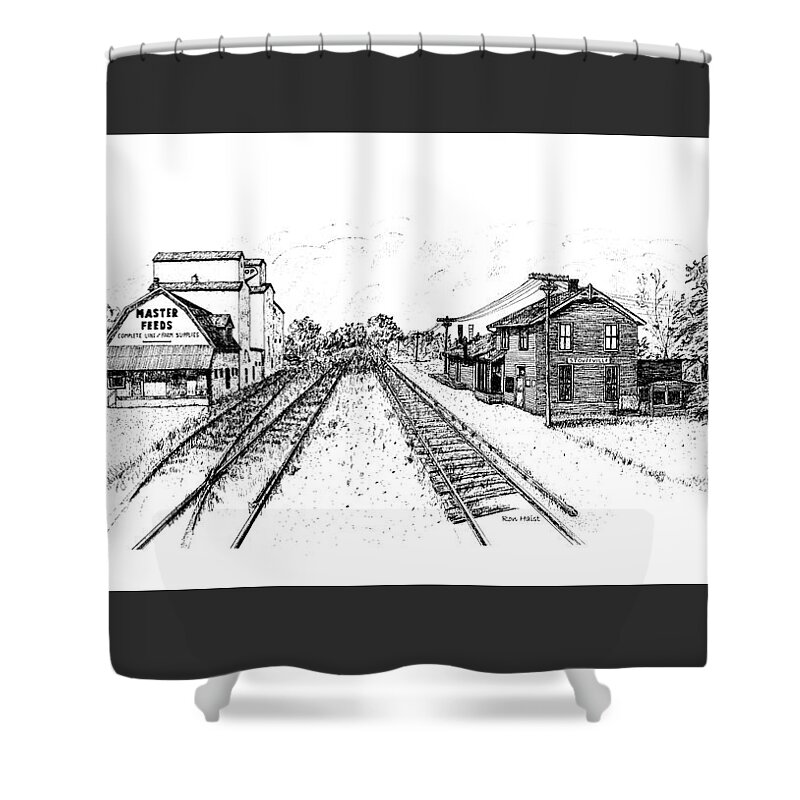 Train Shower Curtain featuring the drawing Stouffville Station by Ron Haist