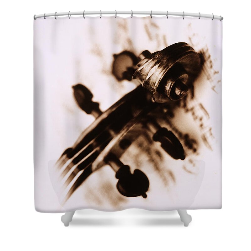 Violin Scroll Shower Curtain featuring the photograph Stradivarius Violin Scroll On Sheet by Richard Laird