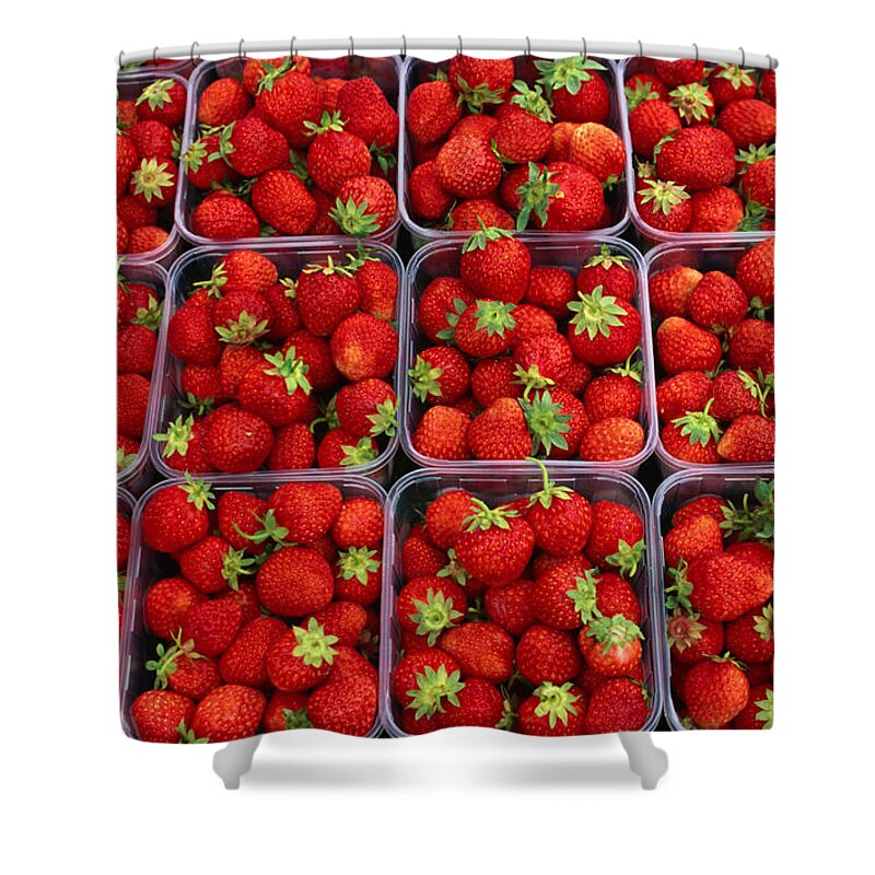 Fruit Carton Shower Curtain featuring the photograph Strawberries For Sale, Bergen, Norway by Anders Blomqvist