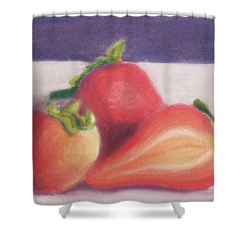 Strawberries Shower Curtain featuring the pastel Strawberries on Purple by Alexis King-Glandon