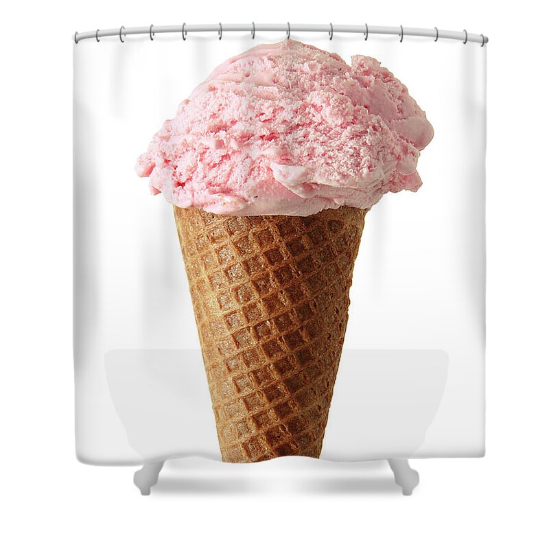 White Background Shower Curtain featuring the photograph Strawberry Ice Cream Cone On White by Kevinruss