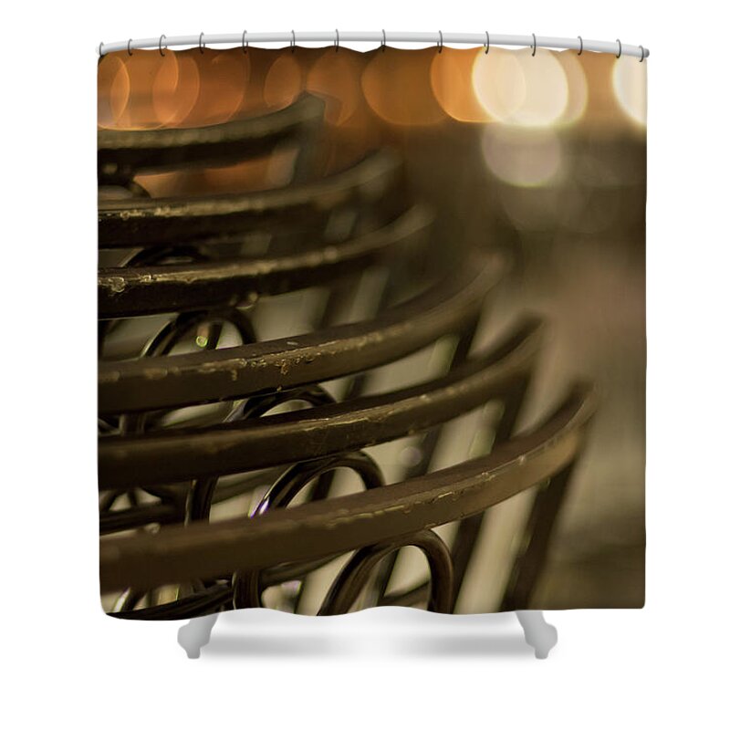 Bokeh Shower Curtain featuring the photograph Street Cafe Close-up in Prague by Martin Vorel Minimalist Photography