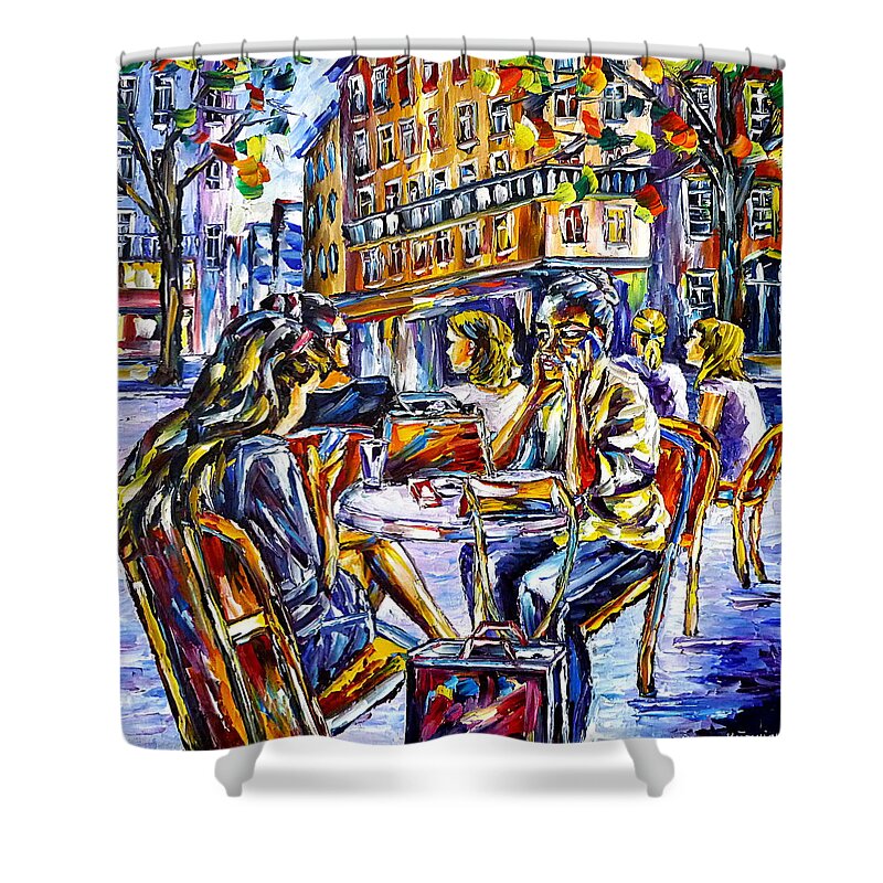 Paris Lovers Shower Curtain featuring the painting Street Cafe In Paris II by Mirek Kuzniar