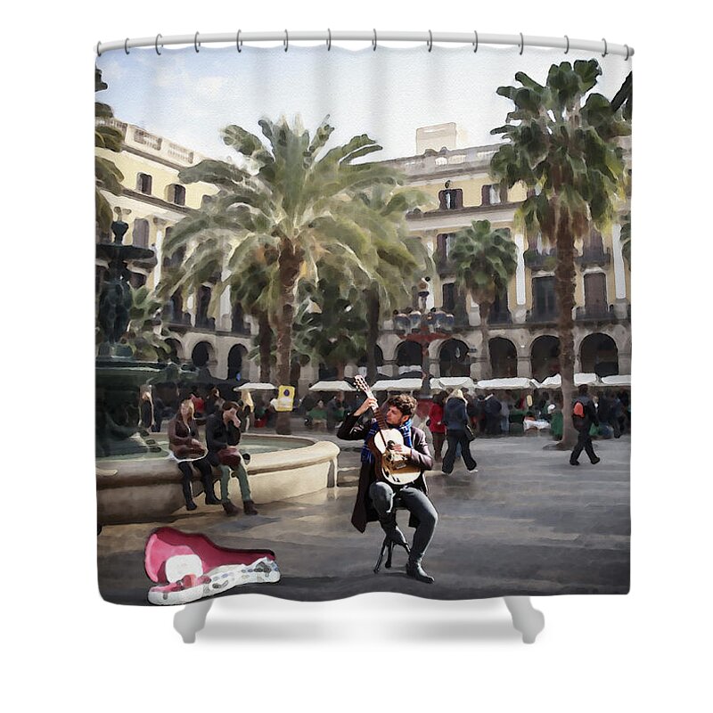 Street Music Shower Curtain featuring the digital art Street Music. Guitar. Barcelona, Plaza Real. by Alex Mir