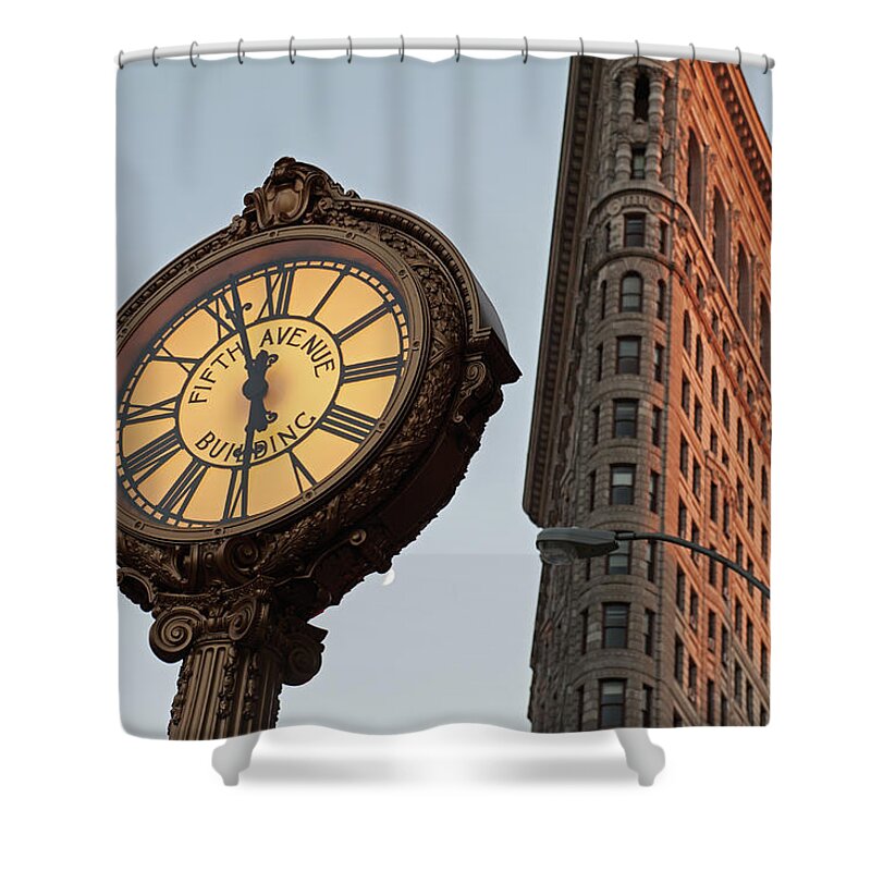 Outdoors Shower Curtain featuring the photograph Street Scene With Clock And The Flat by Dallas Stribley