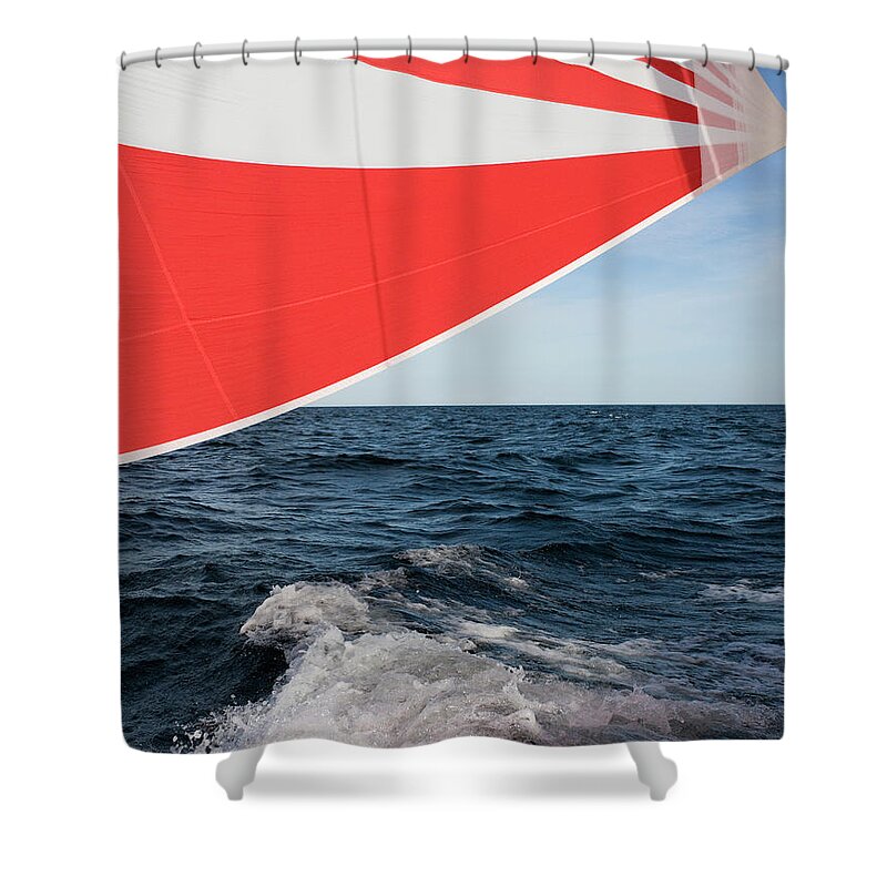 Baltic Sea Shower Curtain featuring the photograph Striped Spinnaker In Sea by Bjurling, Hans