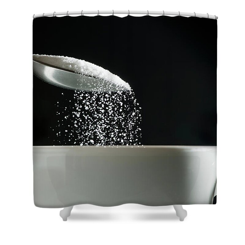 Sugar Shower Curtain featuring the photograph Studio Shot Of Sugar Poured Into Coffee by Tetra Images