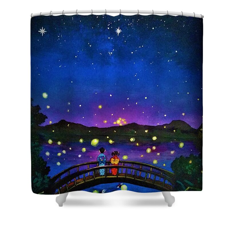 Summer Shower Curtain featuring the painting Summer fireflies night lights by Tara Krishna