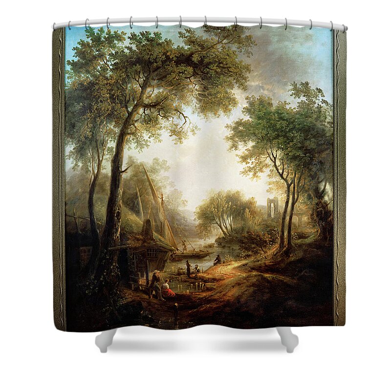 Summer Landscape Shower Curtain featuring the painting Summer Landscape with Water and Tall Trees by Elias Martin by Rolando Burbon