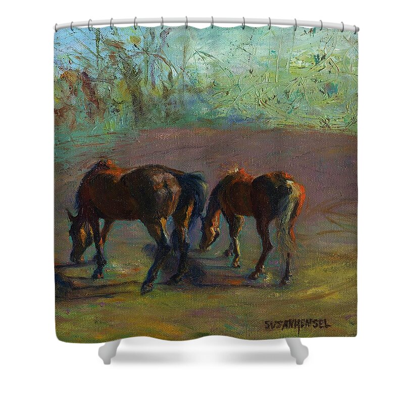 Horses Shower Curtain featuring the painting Sun Dappled Bottoms by Susan Hensel