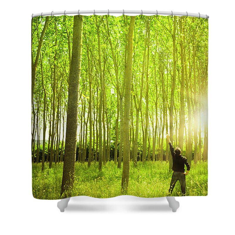 Scenics Shower Curtain featuring the photograph Sunbeam On Green Spring Forest by Franckreporter