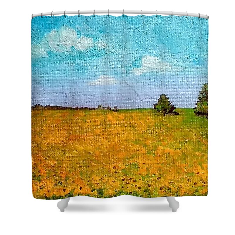 Acrylic Painting Shower Curtain featuring the painting Sunflower fields-end of summer by Asha Sudhaker Shenoy