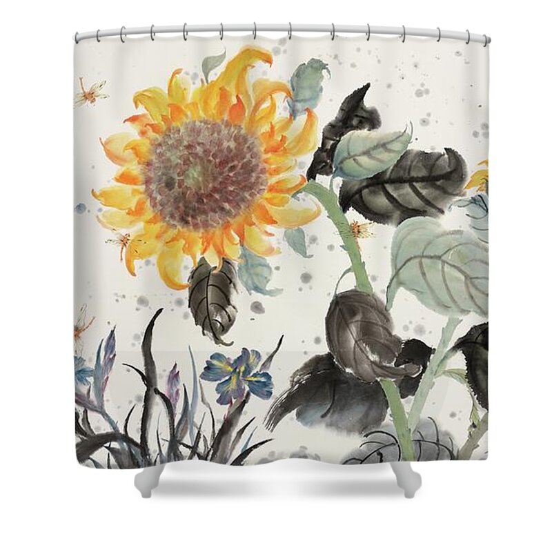 Chinese Watercolor Shower Curtain featuring the painting Sunflower and Dragonfly by Jenny Sanders