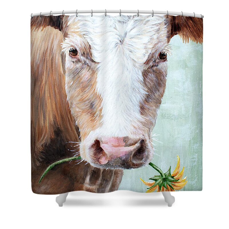 Cow Painting Shower Curtain featuring the painting My Sunflower - Cow Painting by Annie Troe