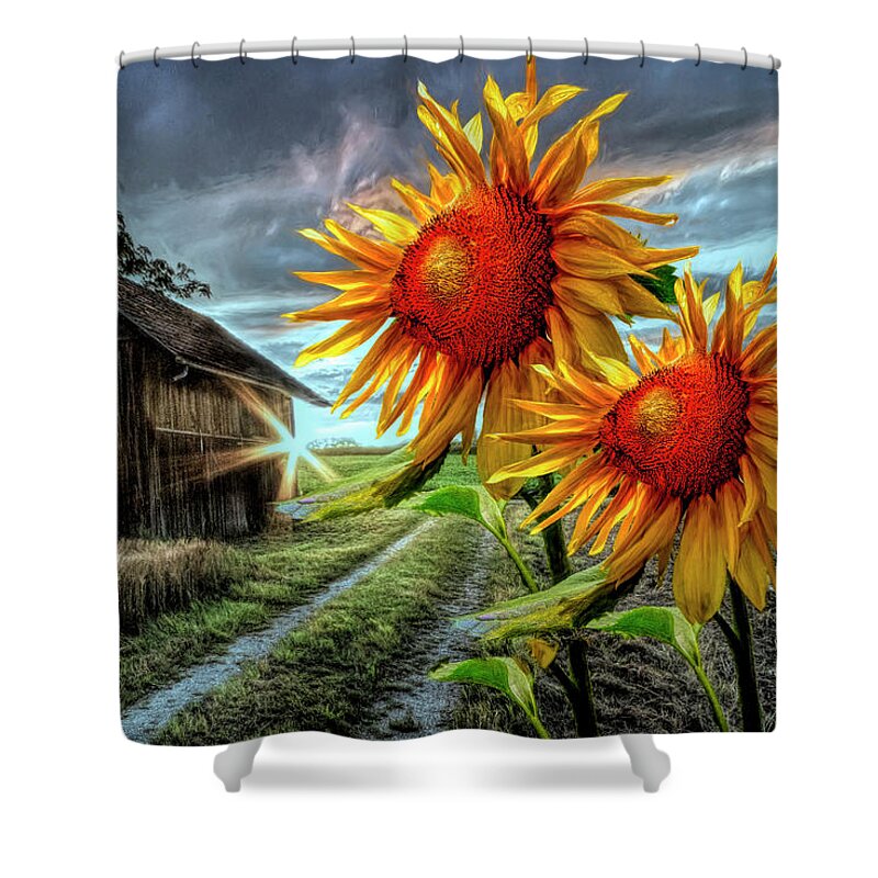 American Shower Curtain featuring the photograph Sunflower Watch at Nightfall by Debra and Dave Vanderlaan