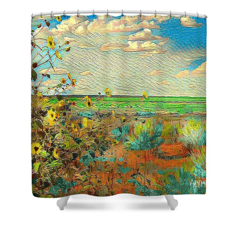 Sunflowers On The Edge Of The Field Summer's Over And The Black Eyed Susans Are Telling Us To Celebrate The Harvest Shower Curtain featuring the digital art Sunflowers on the edge by Annie Gibbons
