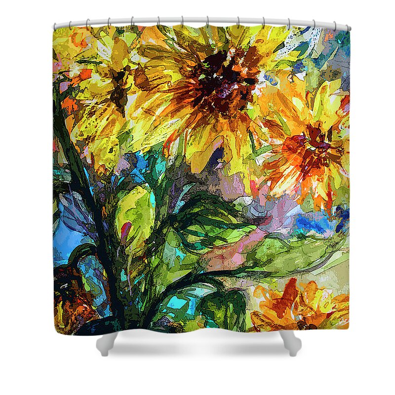 Sunflowers Shower Curtain featuring the mixed media Sunflowers Summer Flowers Mixed Media by Ginette Callaway