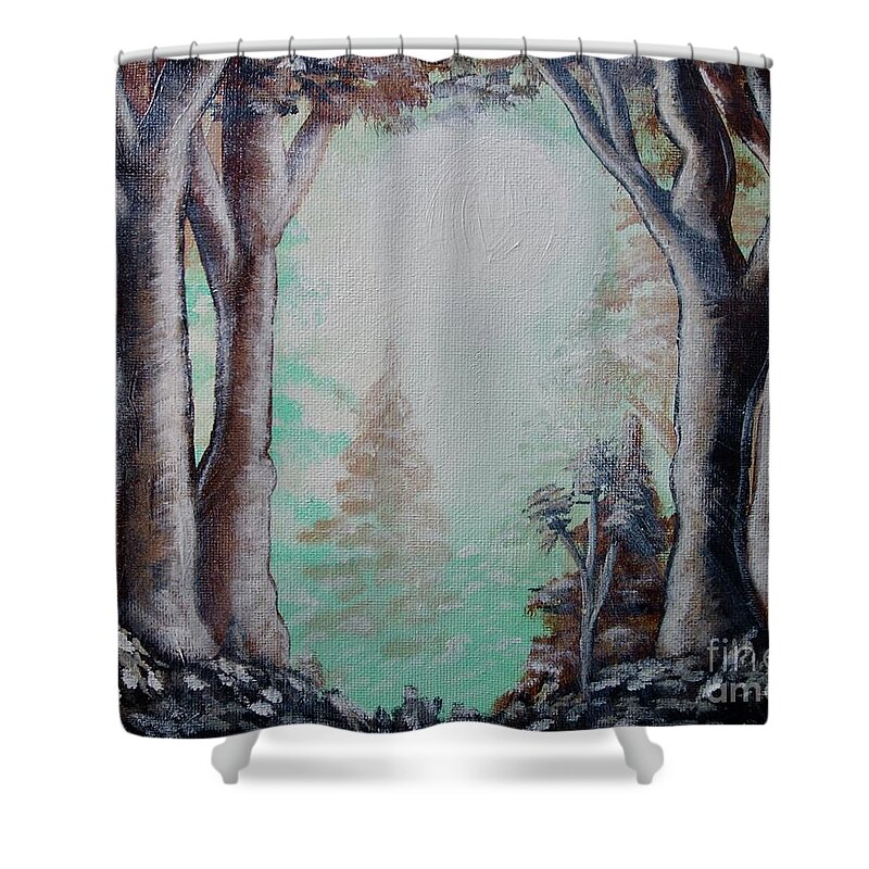 Sunlight Through The Forest Shower Curtain featuring the painting Sunlight Through The Forest by Jacqueline Athmann
