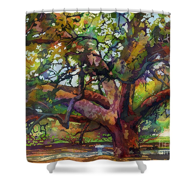 Oak Shower Curtain featuring the painting Sunlit Century Tree by Hailey E Herrera