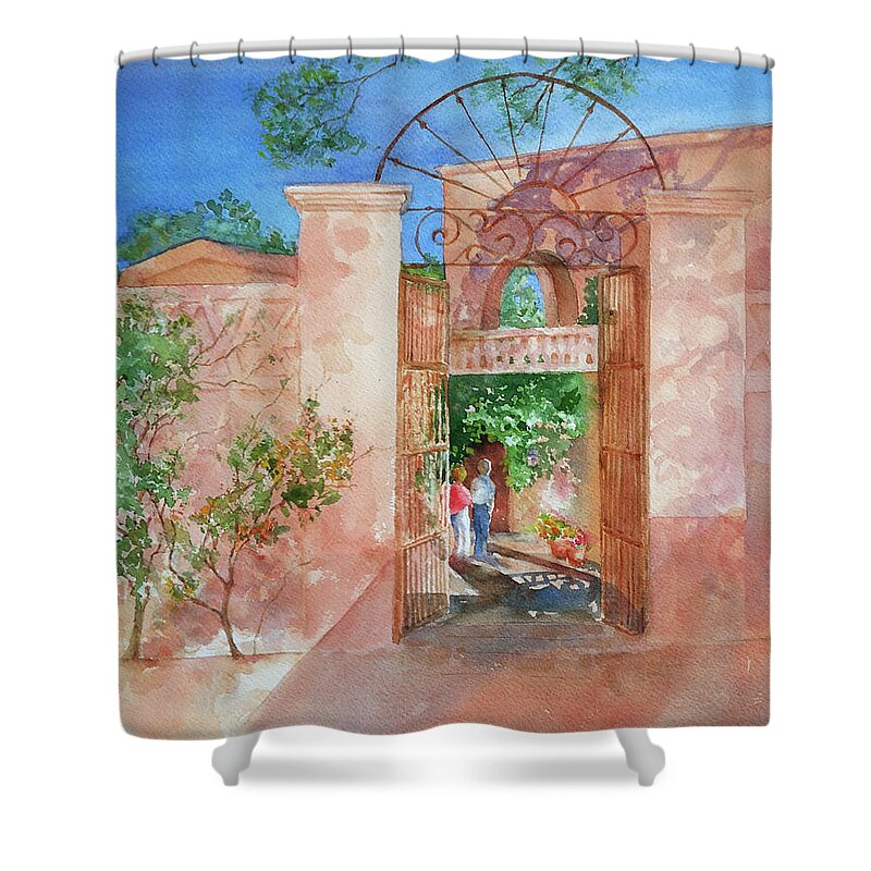 Tlaquepaque Shower Curtain featuring the painting Sunlit Courtyard by Sue Kemp