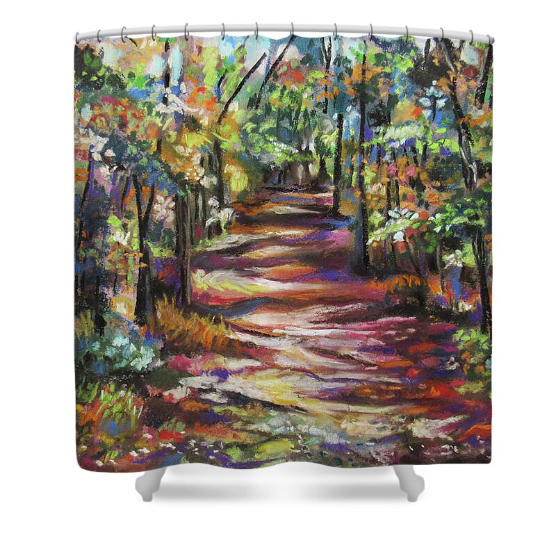 Forest Shower Curtain featuring the pastel Sunlit Forest Path by Jean Batzell Fitzgerald