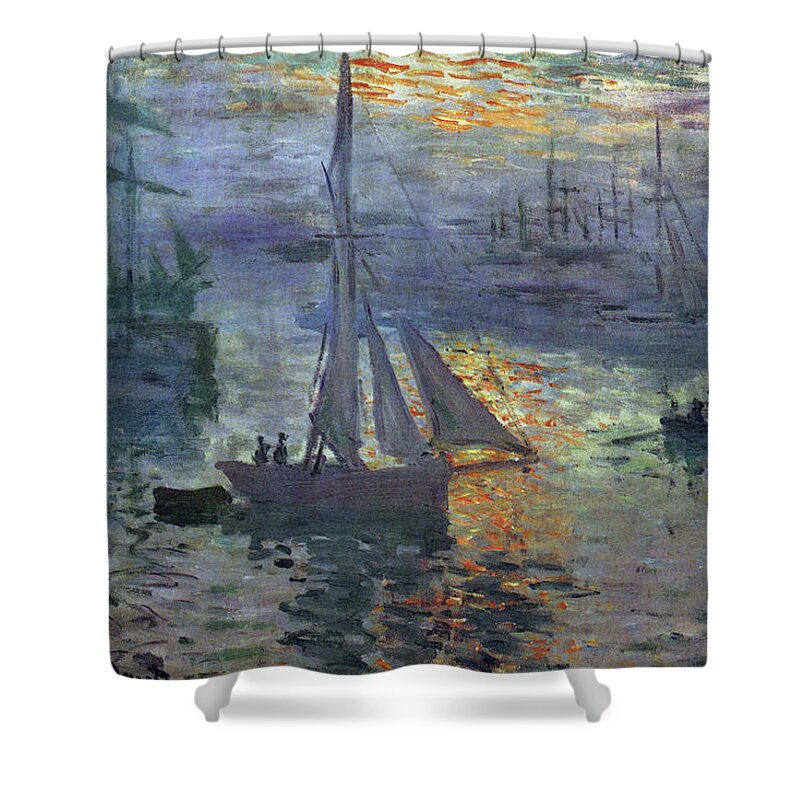 Monet Shower Curtain featuring the painting Sunrise at Sea by Claude Monet