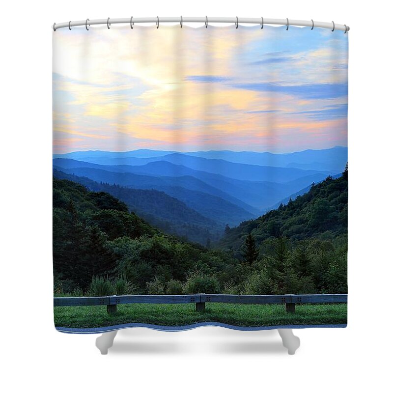 Sunrise At The Oconaluftee Valley Overlook Shower Curtain featuring the photograph Sunrise At The Oconaluftee Valley Overlook by Carol Montoya