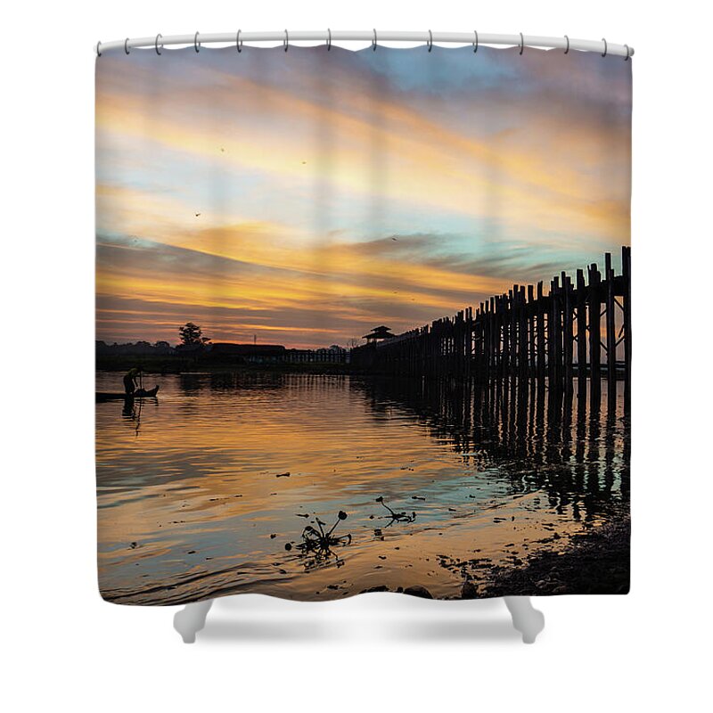Fishing Shower Curtain featuring the photograph sunrise at U Bein Bridge, Mandalay, Myanmar by Ann Moore