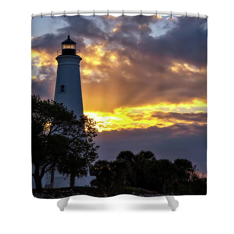 Lighthouses Shower Curtain featuring the photograph Sunrise Glow In The Lighthouse by DB Hayes