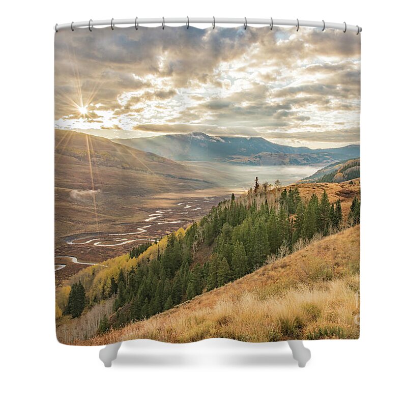 Mist Shower Curtain featuring the photograph Sunrise Mist over Meandering River by Melissa Lipton