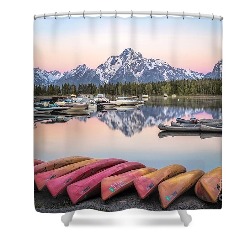 Colter Bay Shower Curtain featuring the photograph Sunrise on Colter Bay Marina by Ronda Kimbrow