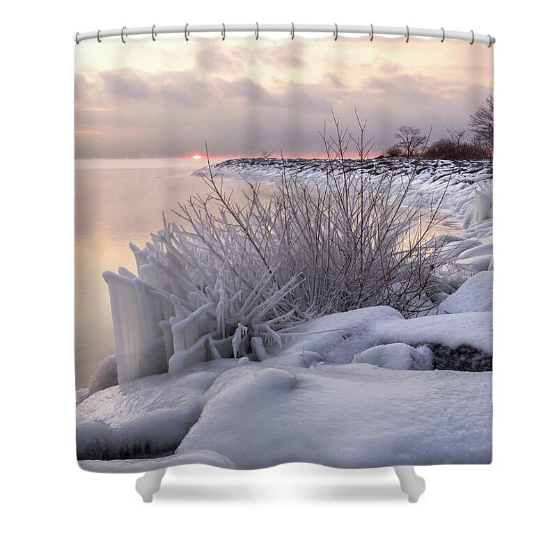 Sunrise On Ice Shower Curtain featuring the photograph Sunrise on Ice - Wintry Glory on Lake Ontario by Georgia Mizuleva