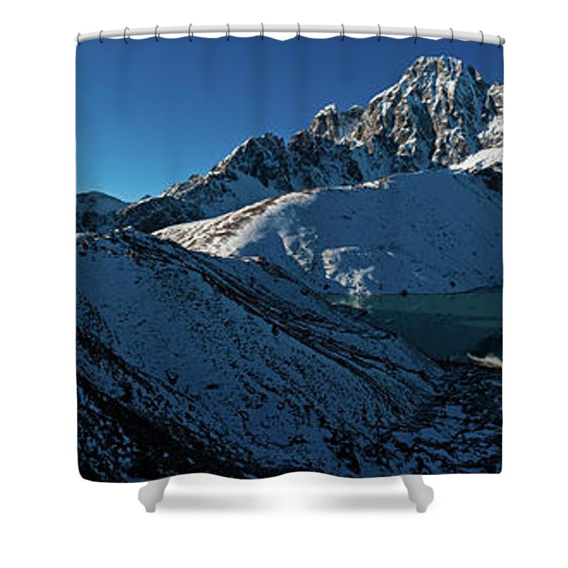 Scenics Shower Curtain featuring the photograph Sunrise On Mountain Glacier Peaks by Fotovoyager
