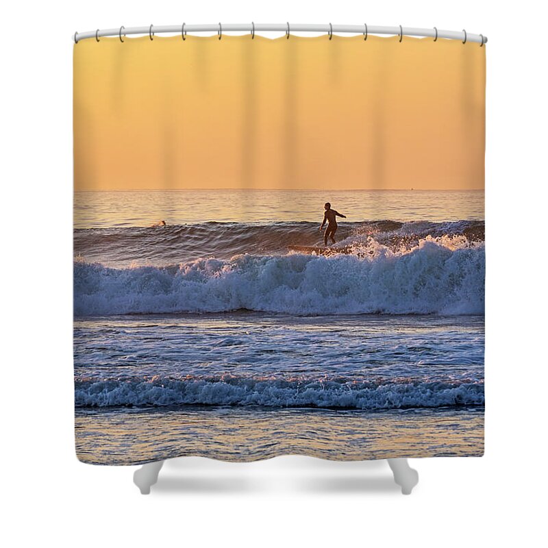Kennebunk Shower Curtain featuring the photograph Sunrise Surfer Gooch's Beach Kennebunk Maine New England Golden Sky by Toby McGuire